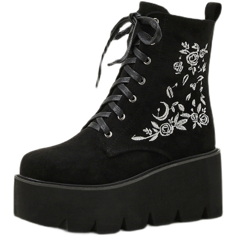 Thick-soled Thick-heeled Embroidered Frosted Platform Shoes Martin Boots