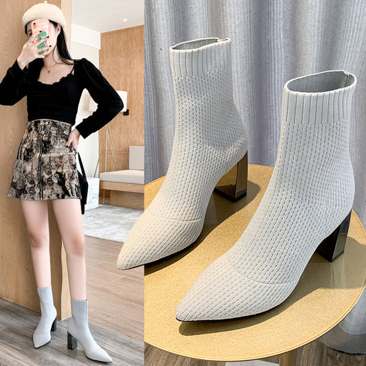 Women's Pointed Toe Chunky High Heels Socks Boots