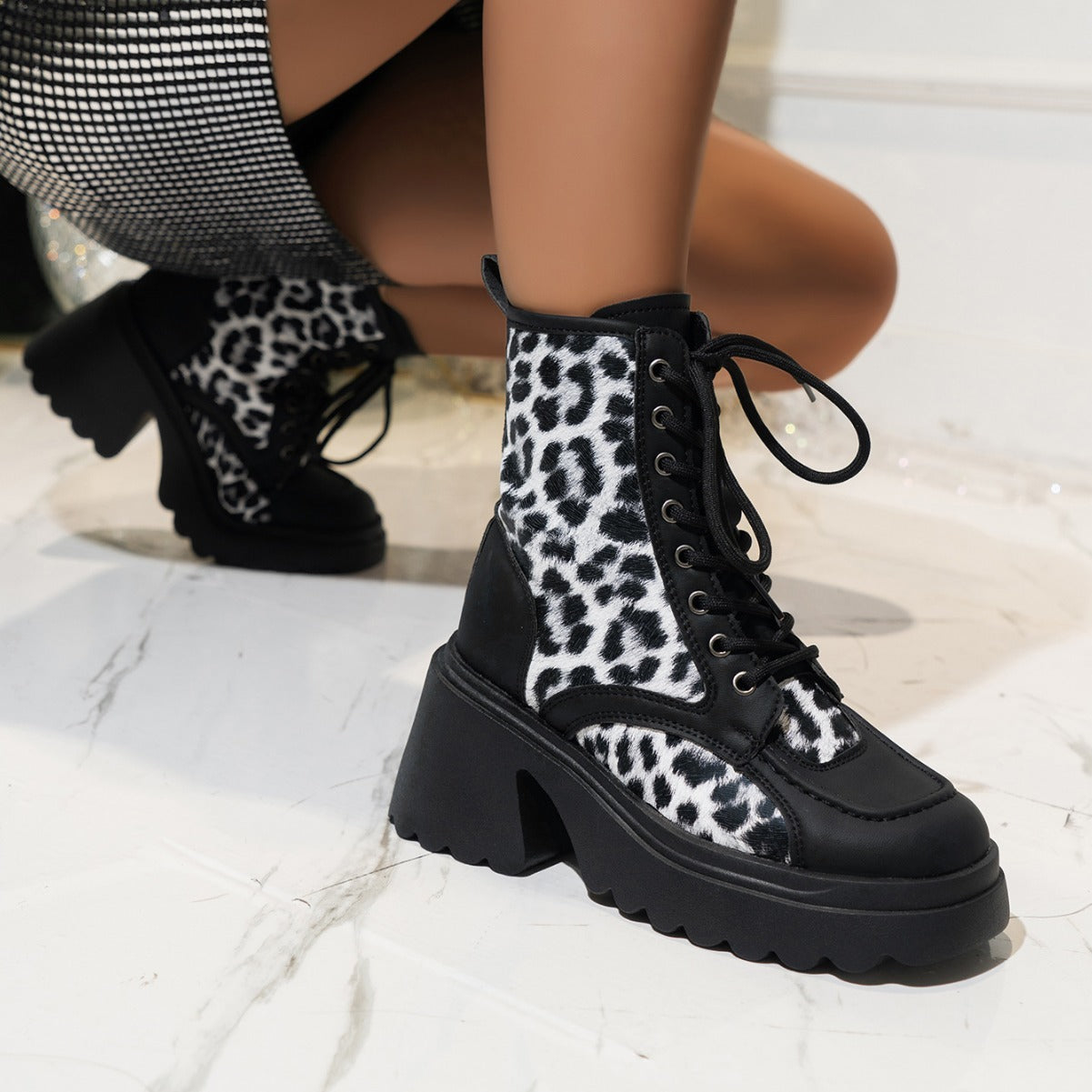 Leopard Print Chunky Heel Booties Weibliche Lace-up Plattform Britischen