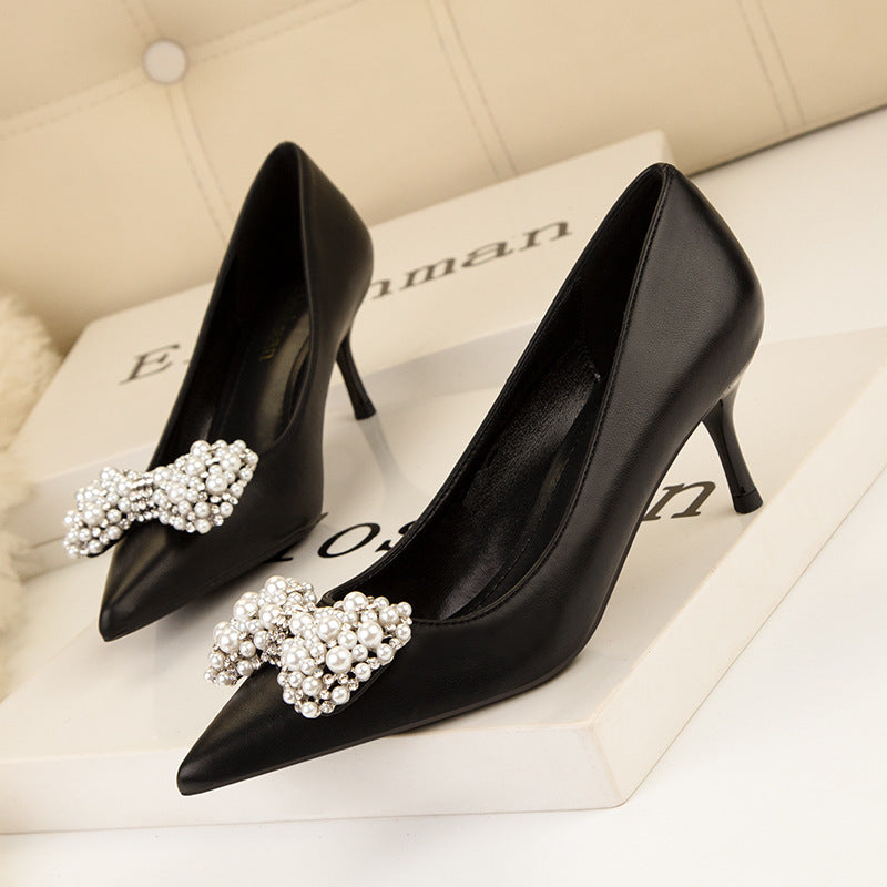 Women's Fashion Banquet Pointed Toe Pearl Bow High Heels