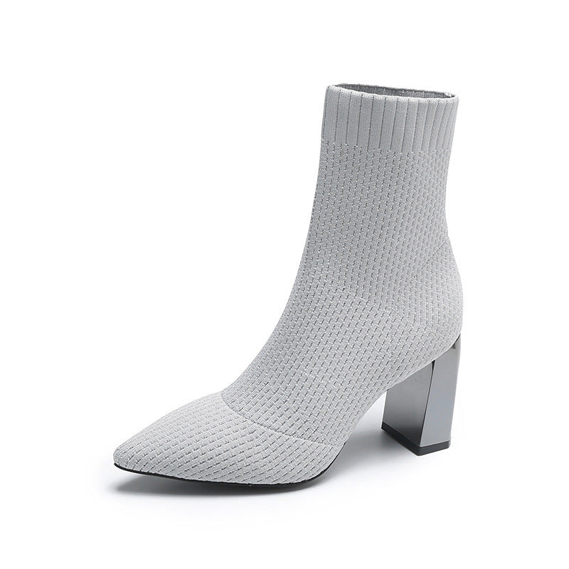 Women's Pointed Toe Chunky High Heels Socks Boots