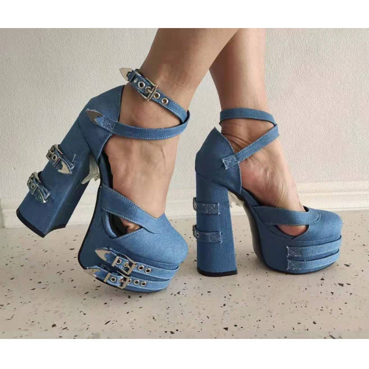 Super High Heel Chunky Heel Waterproof Platform Belt Buckle Women's Hollowed Sandals