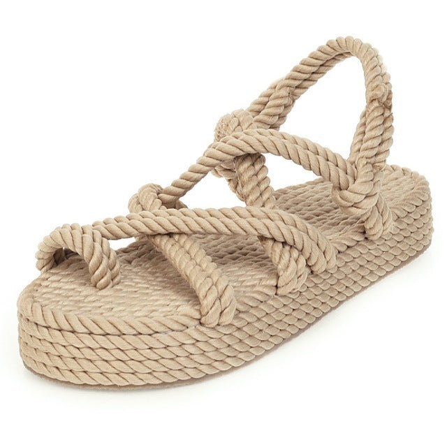 Women's Boho Sandals Flat Hemp Rope Platform