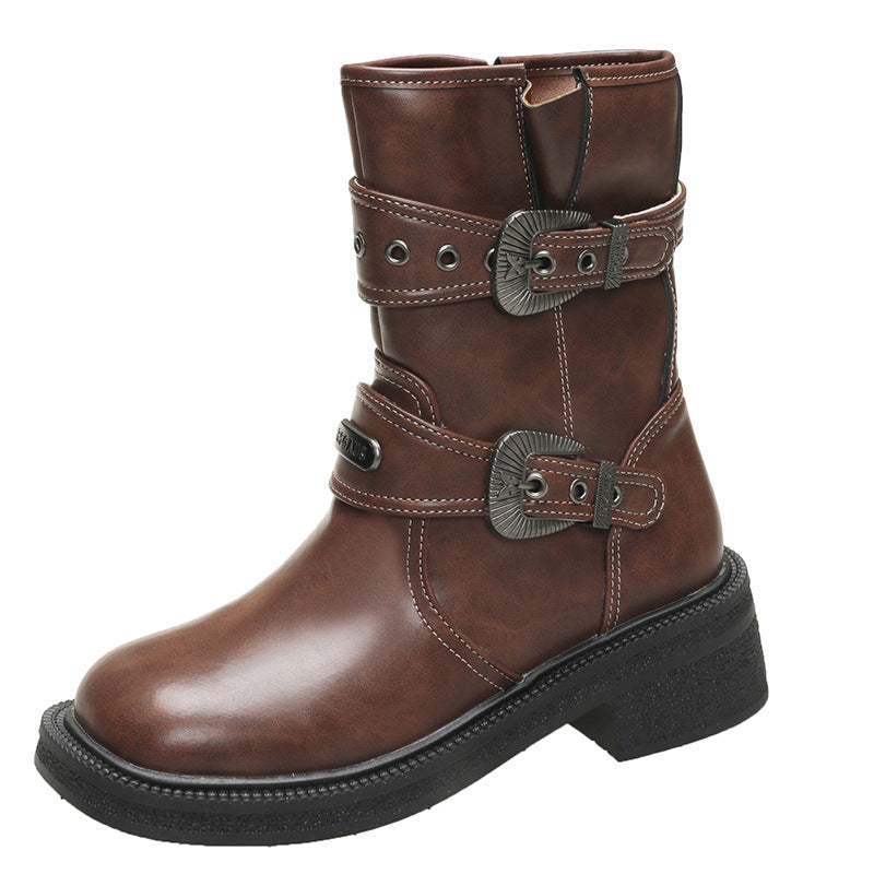 Brown Women's Ankle Boots Retro Square Toe