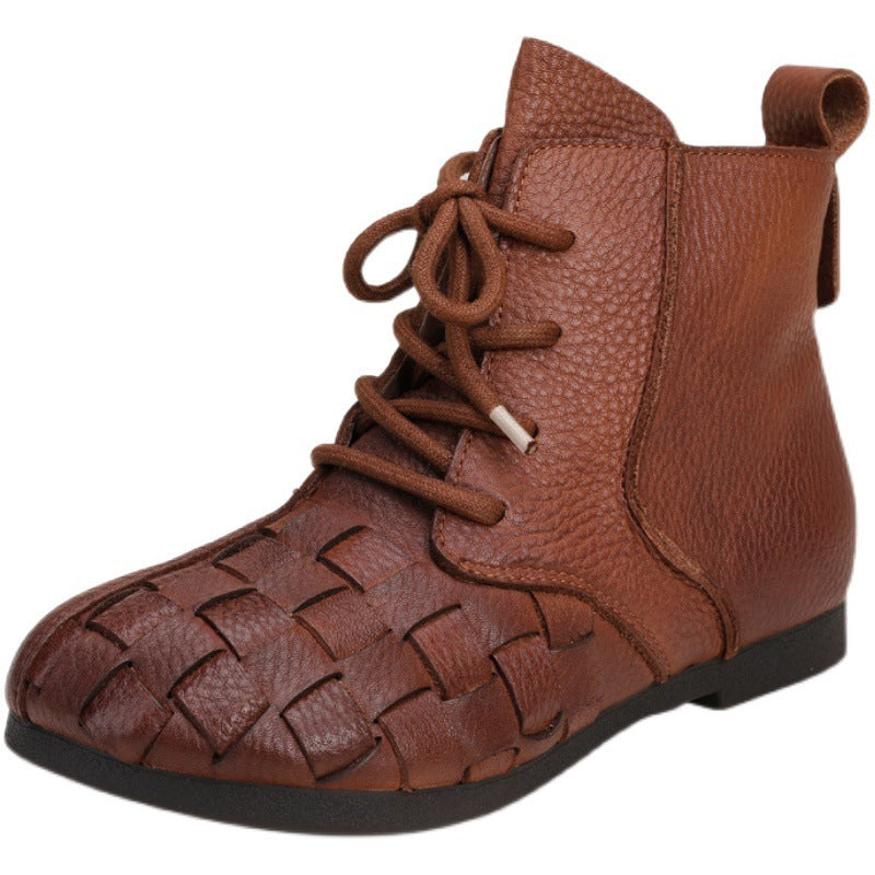 Vintage Hand-woven Ankle Boots Soft-soled Soft Leather