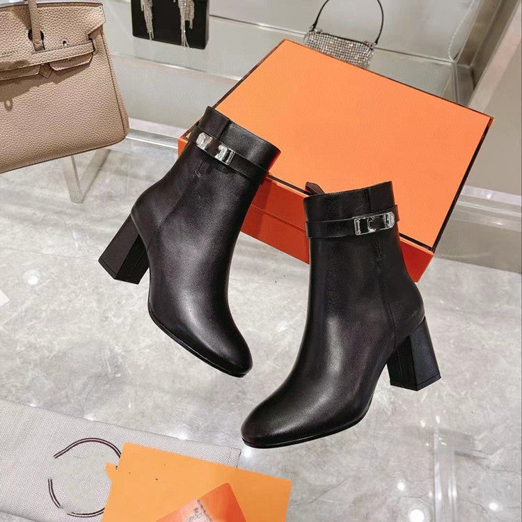 Women's Buckle Side Zipper Color Matching Cowhide Ankle Boots