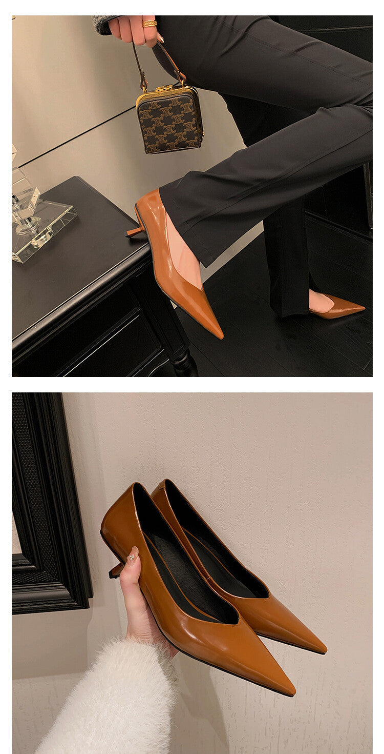 Stiletto Heel Pointed Toe V-shaped Mouth Pumps Patent Sheepskin Korean Style