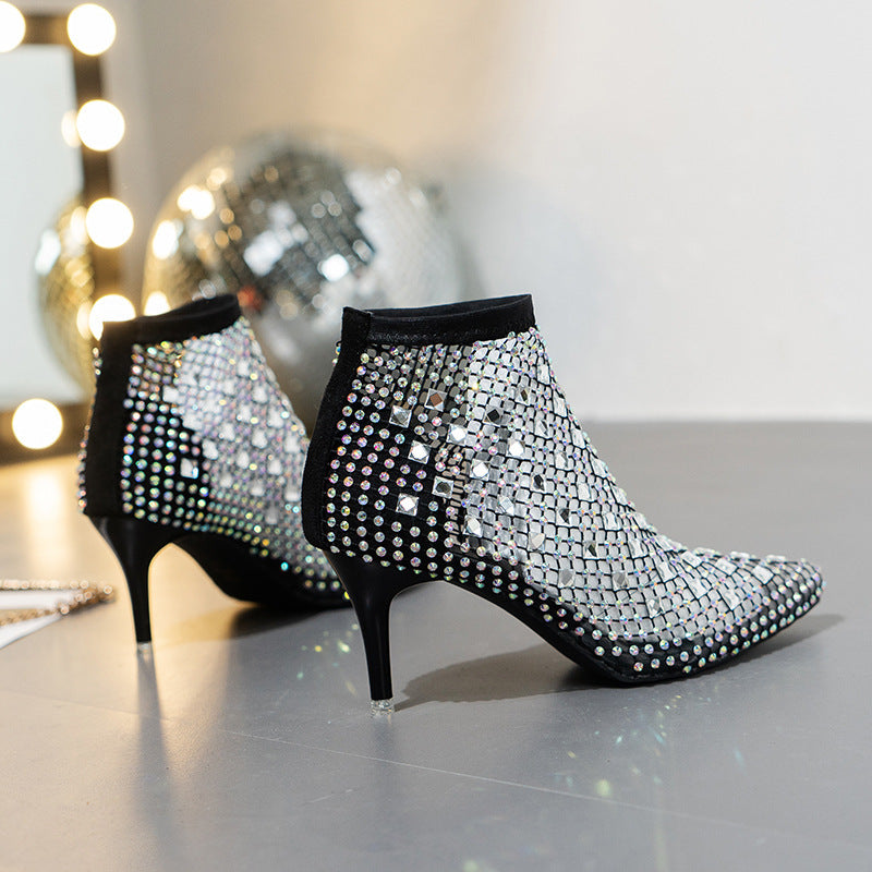 Women's Pointed Toe Stiletto Cutout Rhinestone Boots