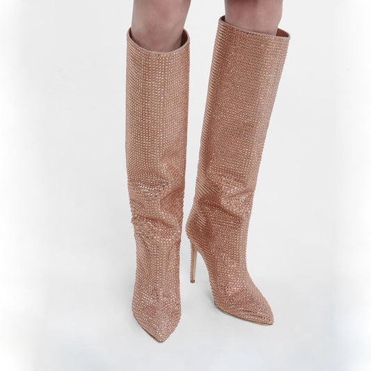 Botas de tacón alto hasta la rodilla con punta puntiaguda de cachemira y diamantes de imitación de color liso para mujer