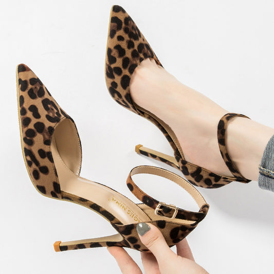 European And American Hollowed Sandals Women's Word With Pointed Toe Stiletto Leopard Print