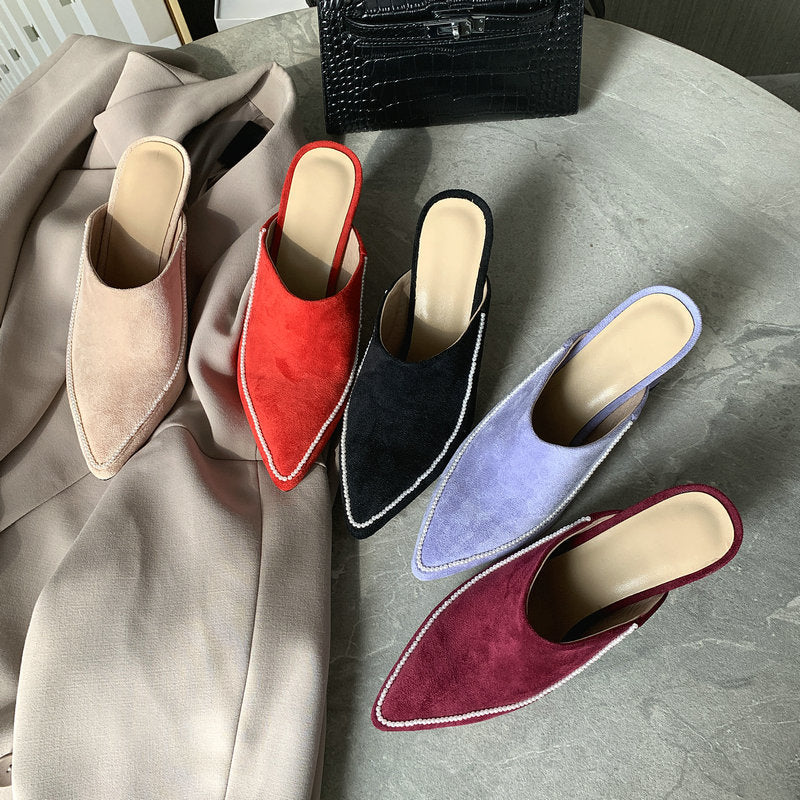 Baotou Half Slippers Women's Outer Wear Half Support Thick-heeled High-heeled Shoes All-match Pointed Toe