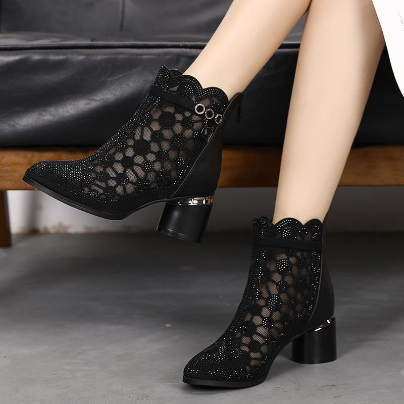 Women's Fashion Personality Rhinestone Hollow Mesh Short Boots