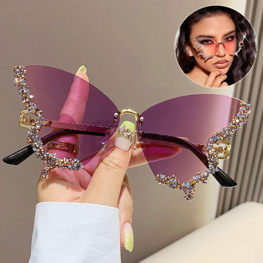 Luxus Diamant Schmetterling Sonnenbrille Frauen Marke Y2K Vintage Randlose Übergroße Sonnenbrille Damen Brillen Schattierungen