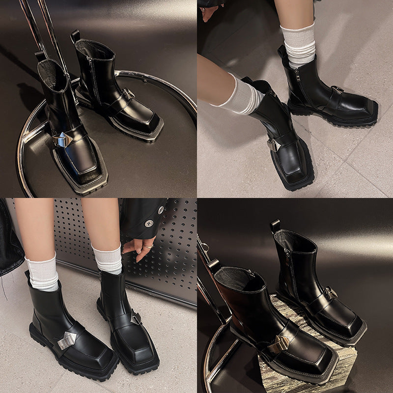 Metal Buckle Square Head Cowhide Boots Women