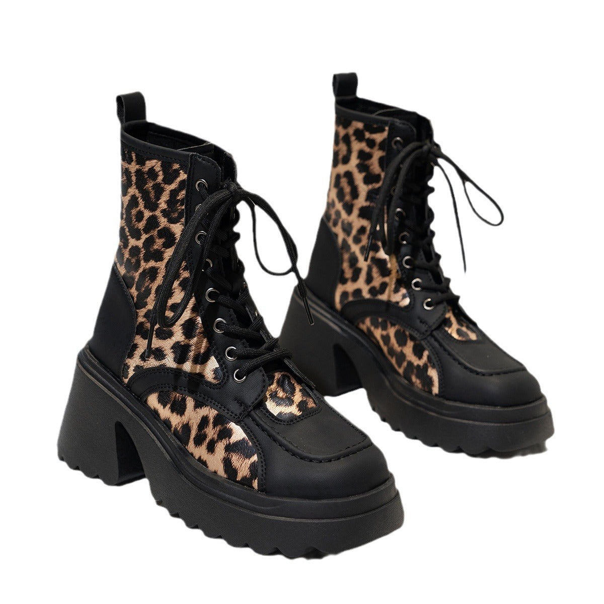 Leopard Print Chunky Heel Booties Weibliche Lace-up Plattform Britischen