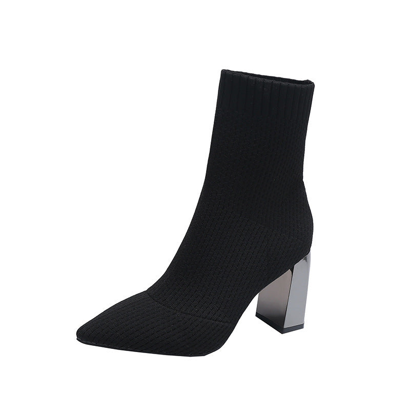 Women's Pointed Toe Chunky High Heels Socks Boots