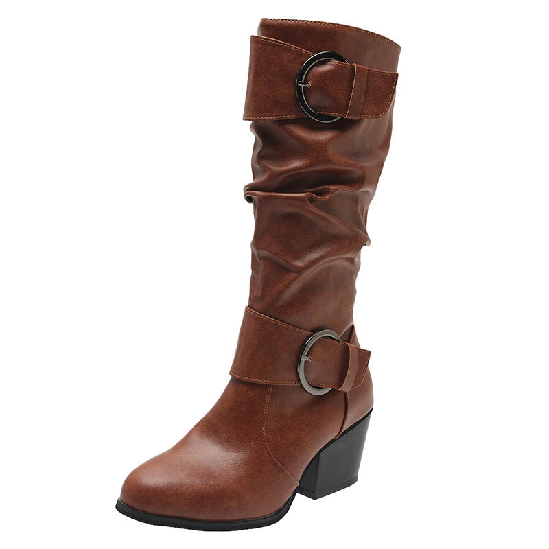 Western Cowboystiefel Damen Schnalle klobige Schuhe mit mittlerem Absatz