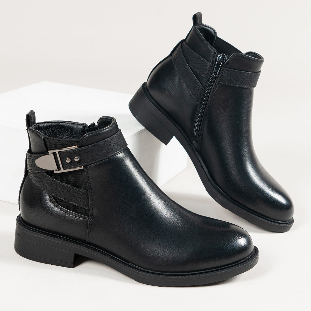 Chelsea Boots Damen Schwarz Stiefeletten Seitlicher Reißverschluss Schnalle Schuhe