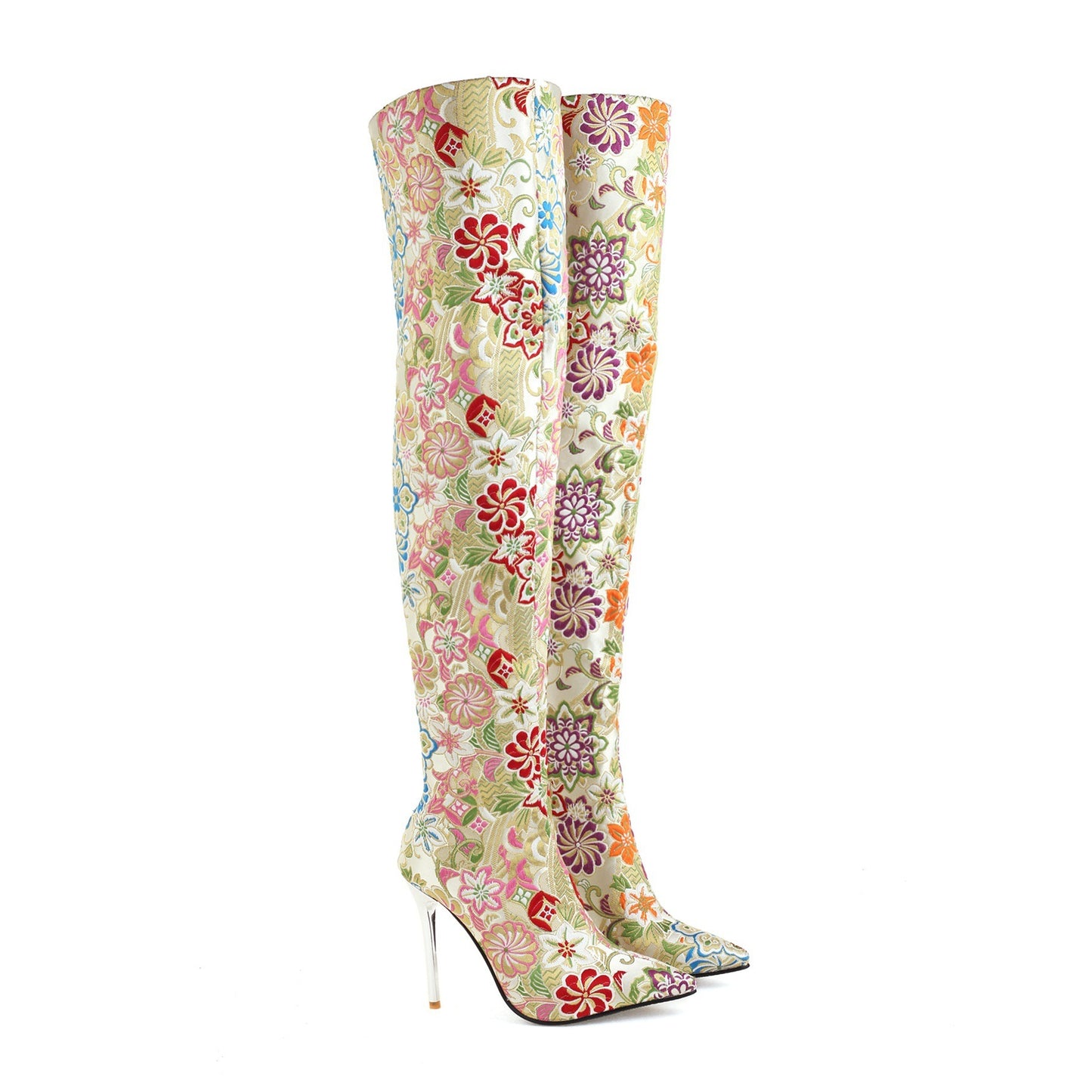 Autumn Winter Pointed-toe Embroidered Stiletto Back Zip Over-the-knee Boots