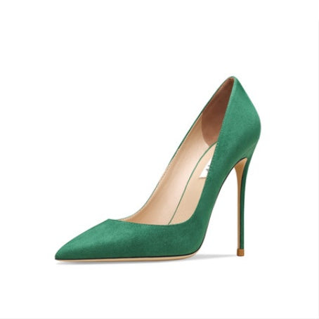 Tacones altos de ante verde oscuro de cuero para mujer