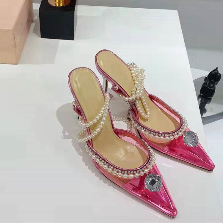 Sandalias de mujer de moda con tacón de aguja y punta puntiaguda y cinturón de una palabra con perlas