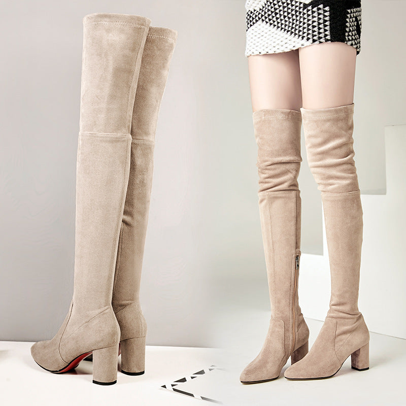 Damen Overknee-Stiefel aus Schaffell mit hohem Absatz und Stretch