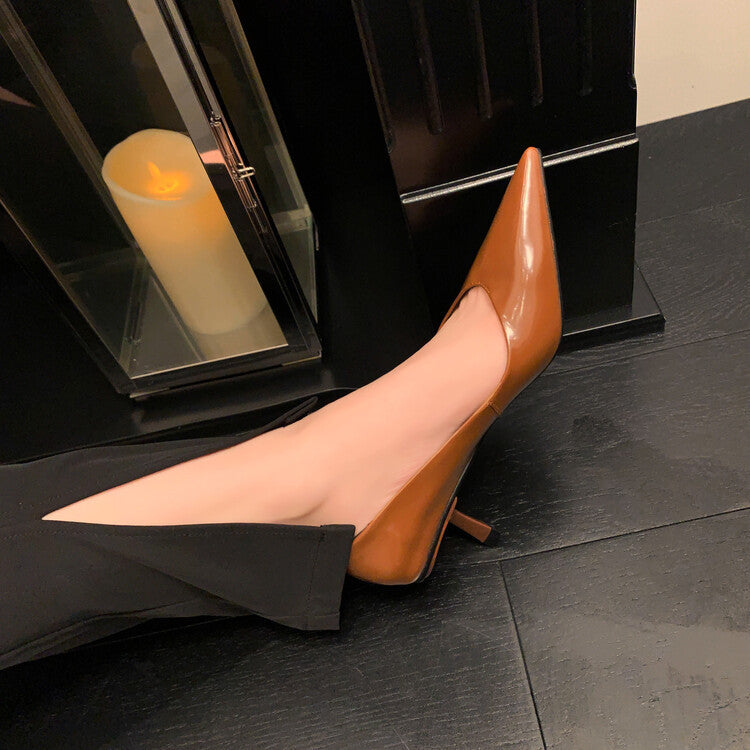 Stiletto Heel Pointed Toe V-shaped Mouth Pumps Patent Sheepskin Korean Style