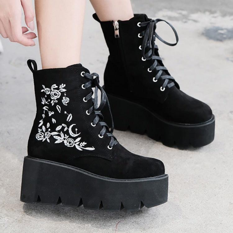 Thick-soled Thick-heeled Embroidered Frosted Platform Shoes Martin Boots