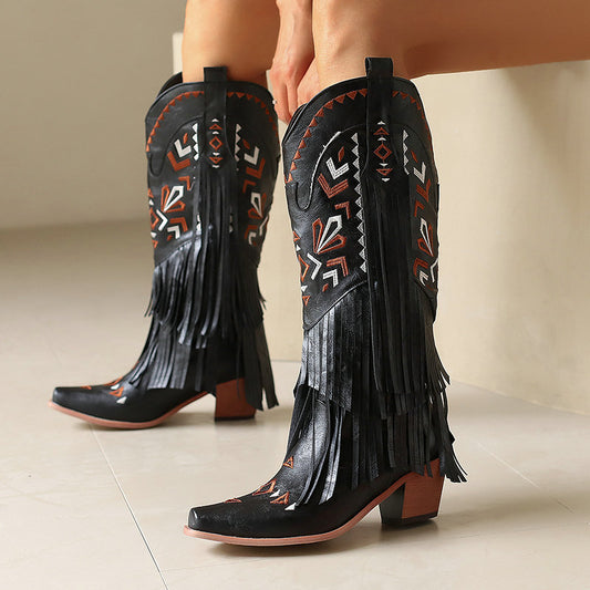 High Heel Tassel Decoration Below The Knee Western Cowboy Boot