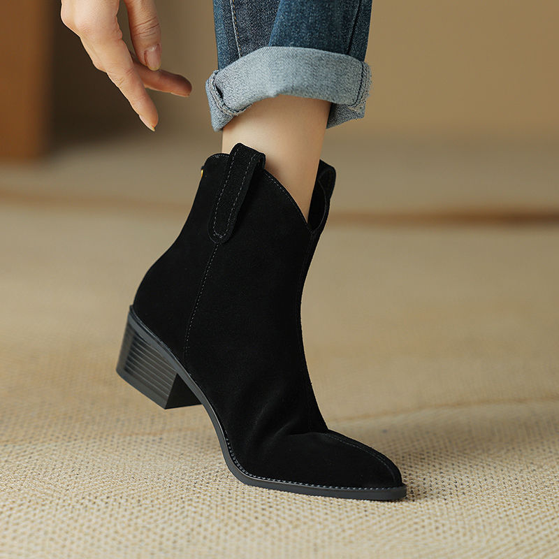 Mid Heel Soft Leather Thick Heel Pointed Female Boots Niche Short Tube