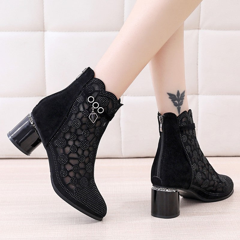 Women's Fashion Personality Rhinestone Hollow Mesh Short Boots