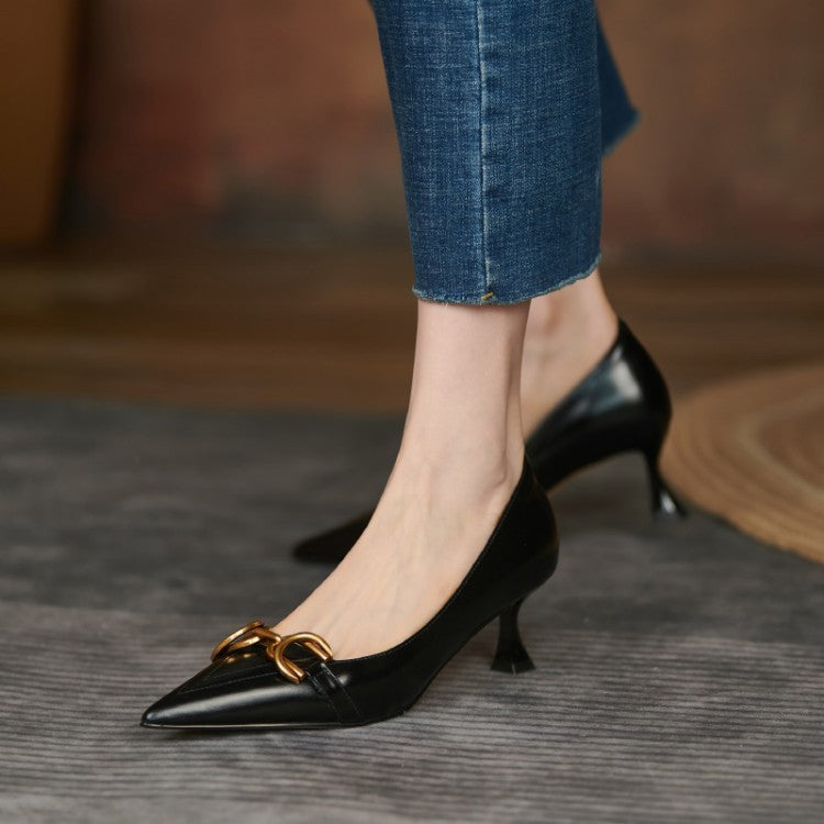 Women's Pointed Toe Mid-heel Slip-on Metal Buckle Fashion Shoes