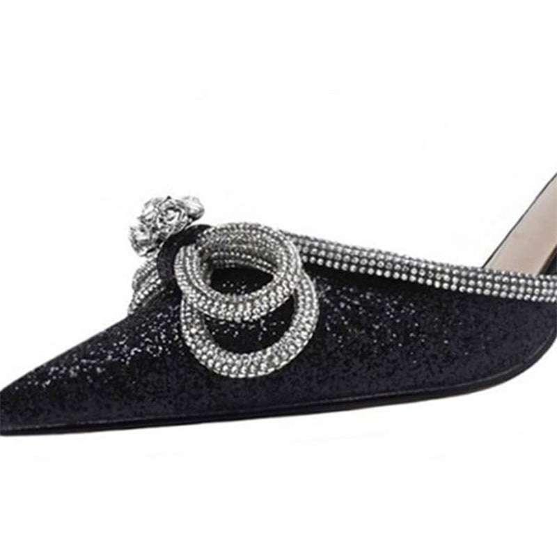 Sandalias con lazo de diamantes de imitación para mujer, con cordones, hebilla, satén, punta hueca, tacones altos