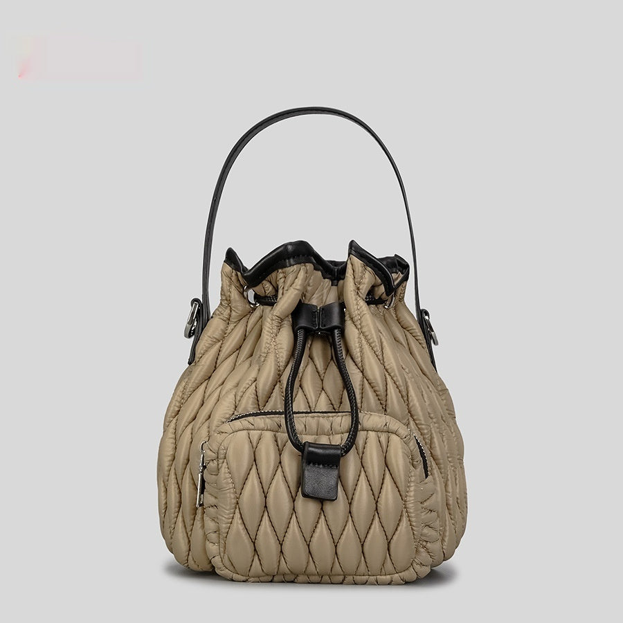 Nylon frauen Eimer Tasche Unten Baumwolle Rhombus Kordelzug Schulter Nische Kissen Baumwolle Plissee