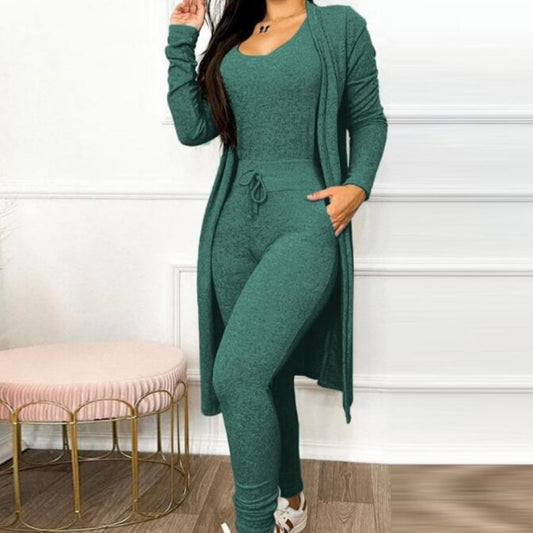 Damen Freizeitanzug Hohe Taille Slip-on Freizeithose Kordelzug Taschendesign Jumpsuit und Cardigan Überzug