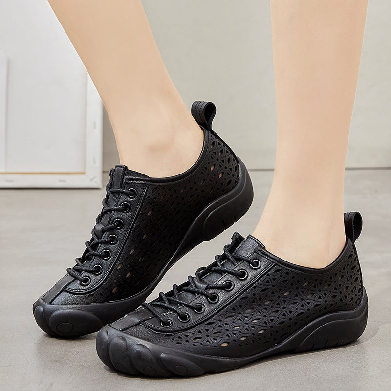 Leather Hollow Rubber Sole 3cm Comfort Shoes