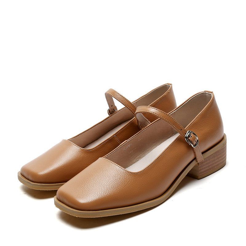 Damen Vintage Mary Jane Schuhe aus Leder mit quadratischer Zehenpartie