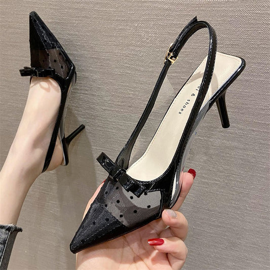 Spitz zulaufende Stiletto-Absätze im koreanischen Stil, sexy Sandalen aus Netzstoff mit geschlossener Spitze