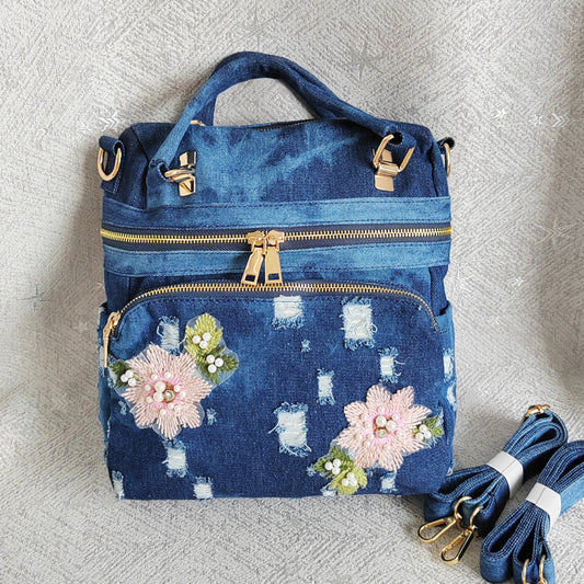 Mochila vaquera con flores deshilachadas, bolso de mano multifuncional de gran capacidad y estilo bandolera