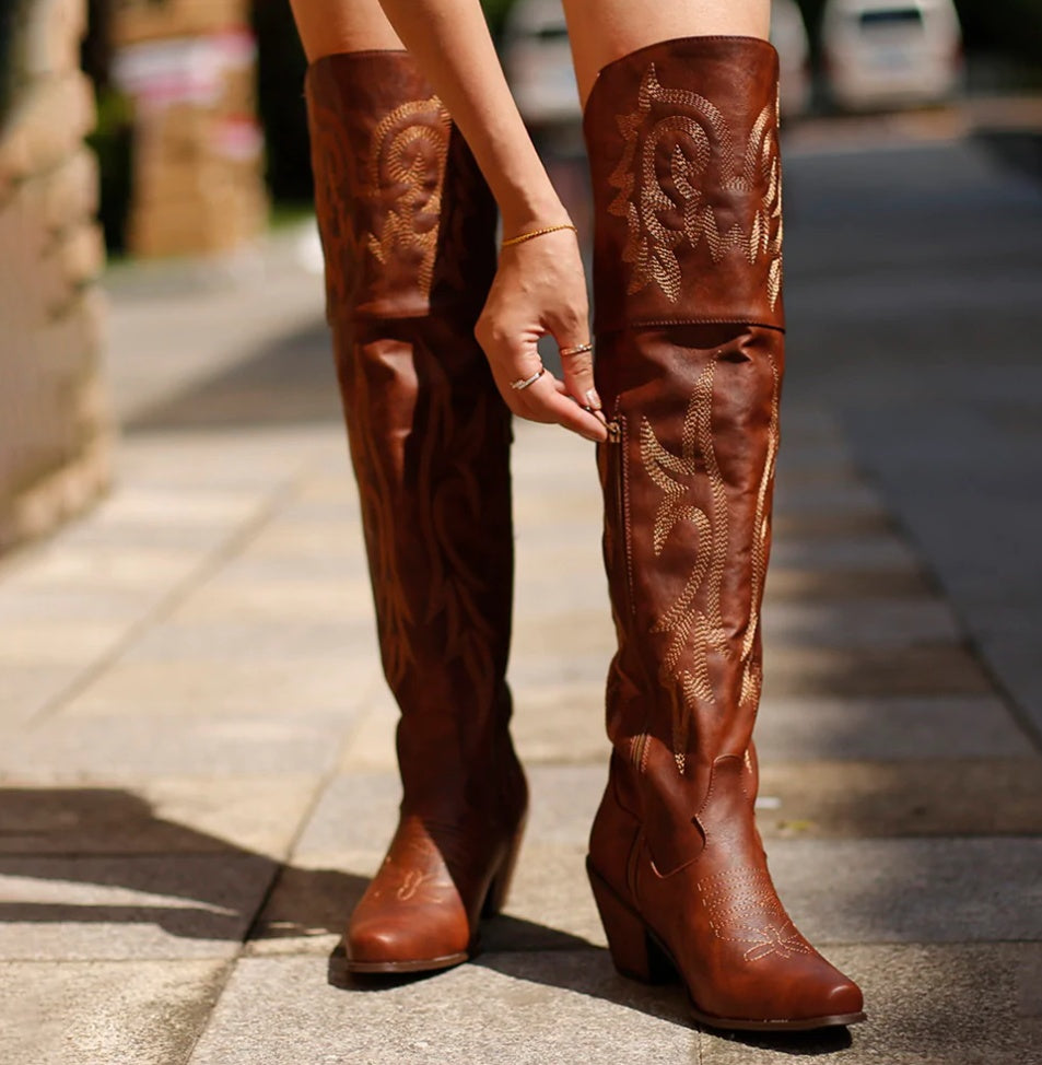 Botas de tacón alto con bordado étnico por encima de la rodilla para mujer