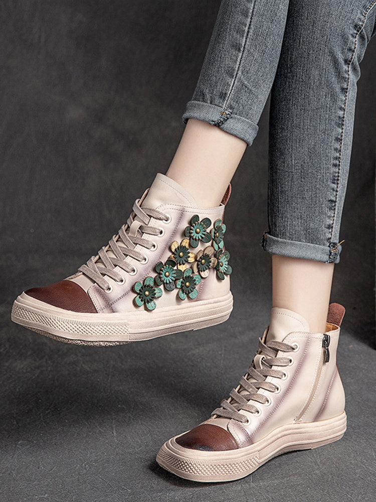 Damen High-Top-Schuhe mit Blumenmuster und quadratischem Kopf