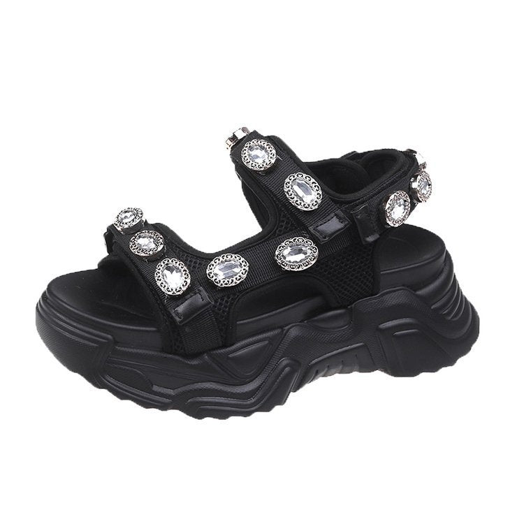 Sandalias deportivas de verano con plataforma y velcro con diamantes de imitación para mujer