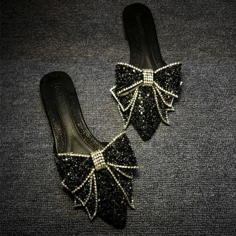 Pantuflas de mujer de moda con lazo en punta y diamantes de imitación