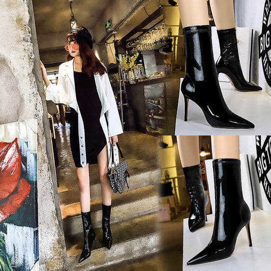 Women's Sexy Slim Shiny Patent Leather Stretch Ankle Boots