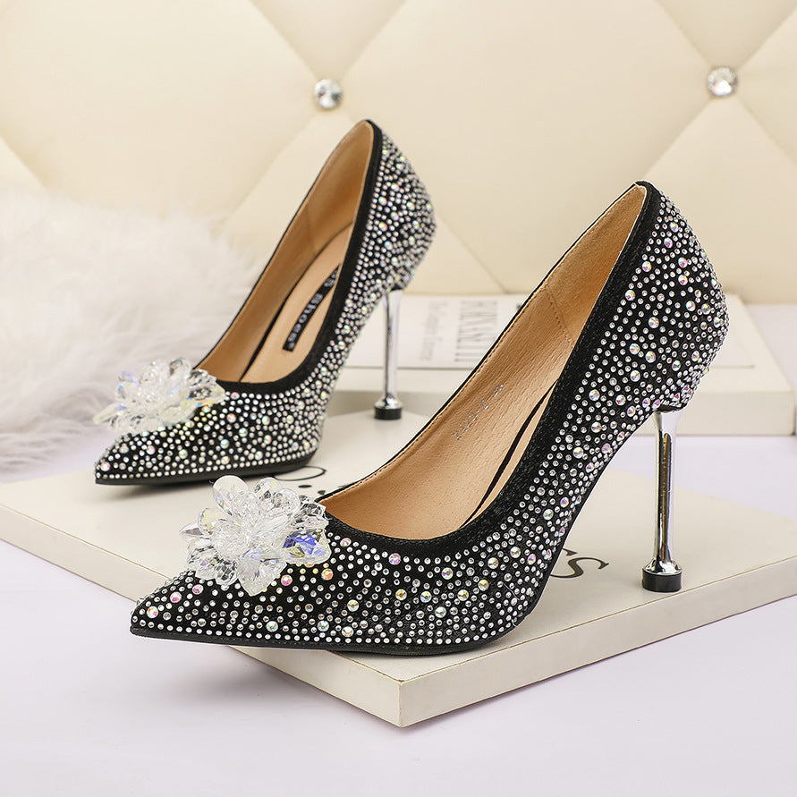 Mode Spitz Flach Mund Strass Sexy High Heels Sehen Dünn