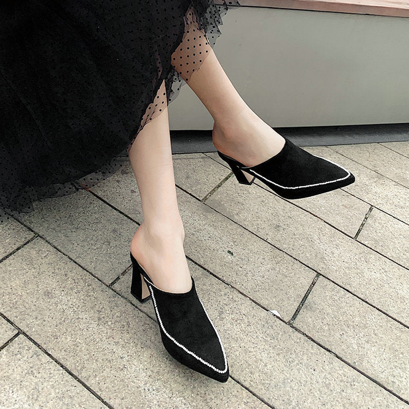 Baotou Half Slippers Women's Outer Wear Half Support Thick-heeled High-heeled Shoes All-match Pointed Toe