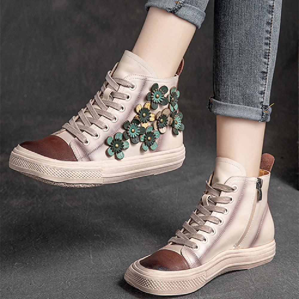 Damen High-Top-Schuhe mit Blumenmuster und quadratischem Kopf