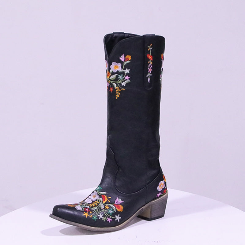 Bunt bestickte, spitze, mitteldicke, modische Westernstiefel für Damen