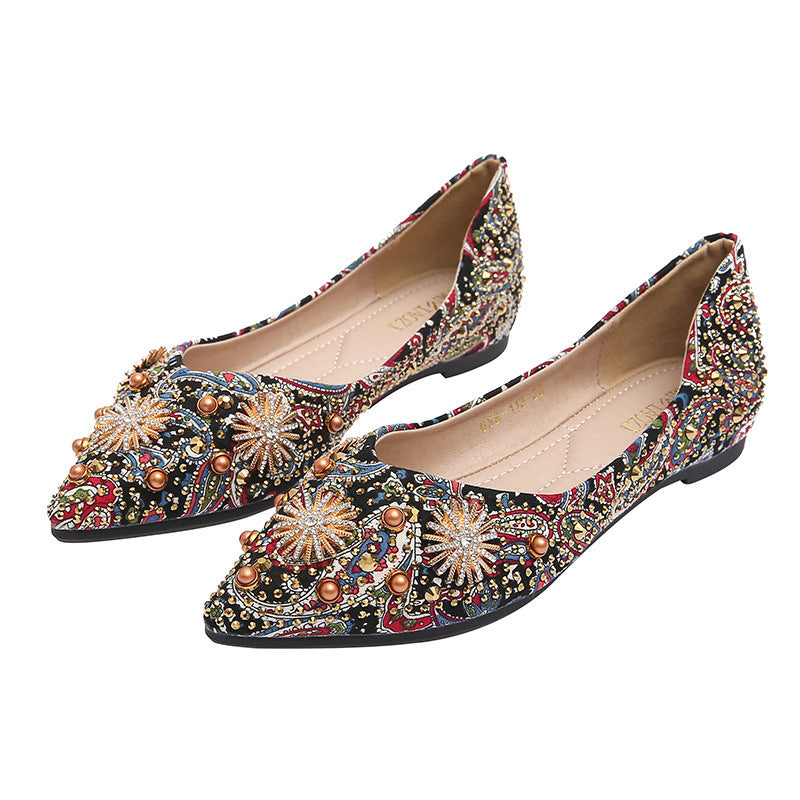 Printed Women's Flat New Temperament Rhinestone Rivet Shoes