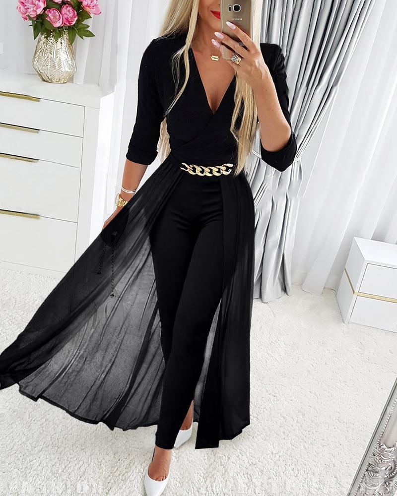 Women's Mesh Patchwork V-neck Jumpsuit